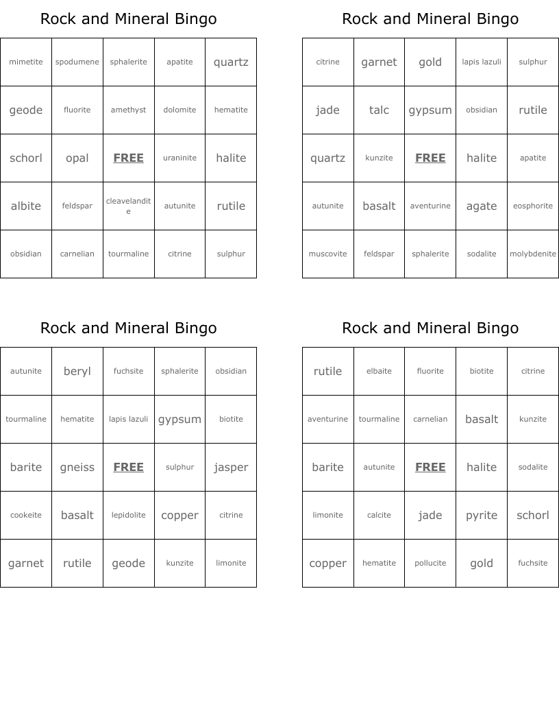 Rock and Mineral Bingo