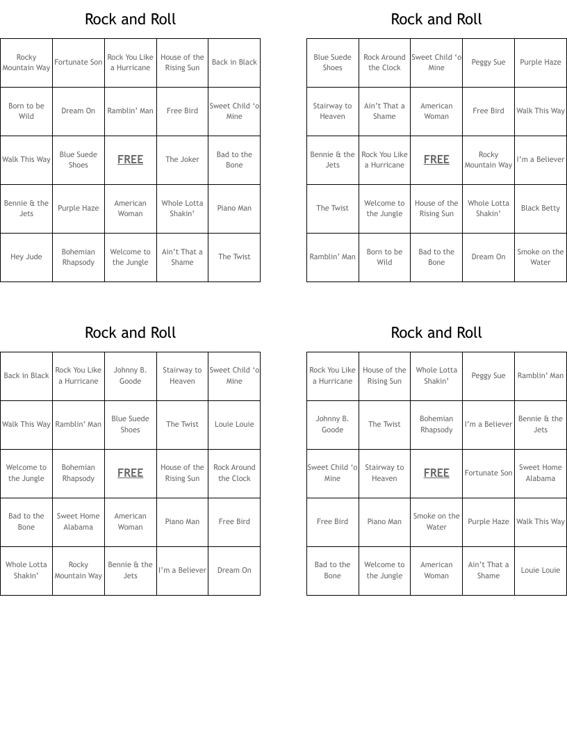 Rock and Roll Bingo Cards