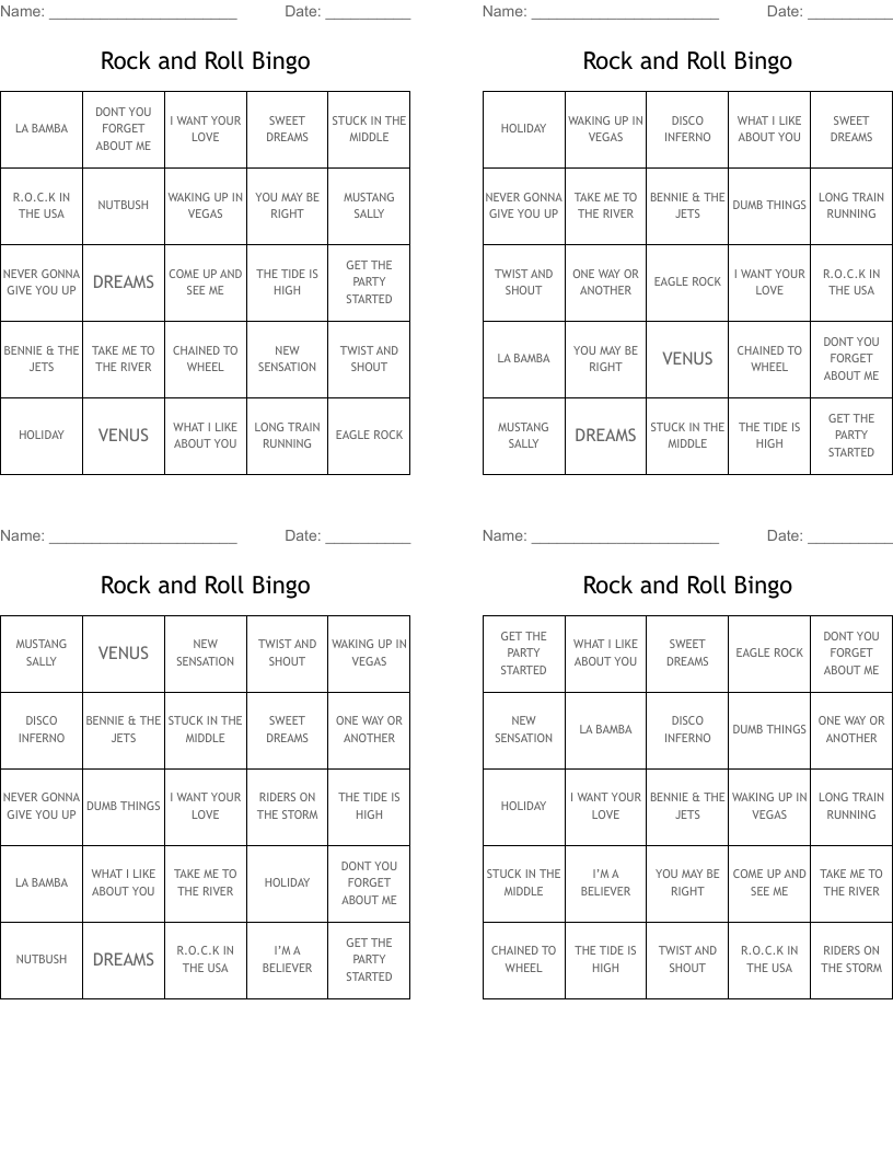Rock and Roll Bingo