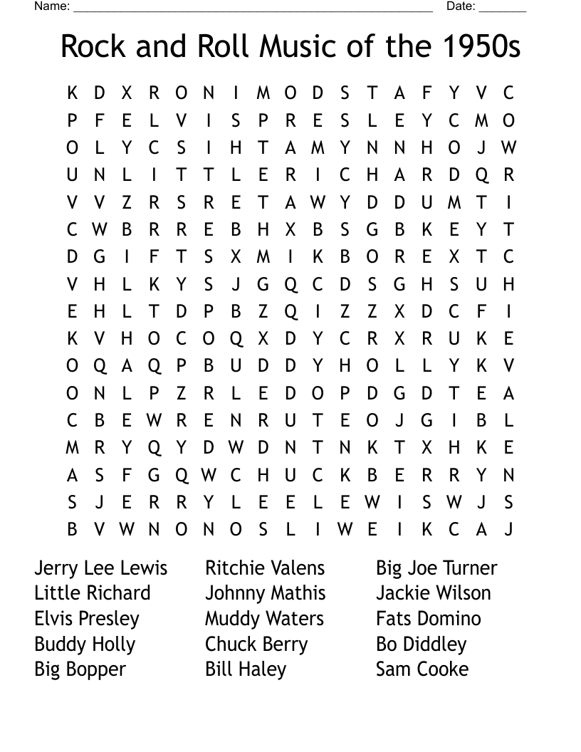 Rock and Roll Music of the 1950s Word Search