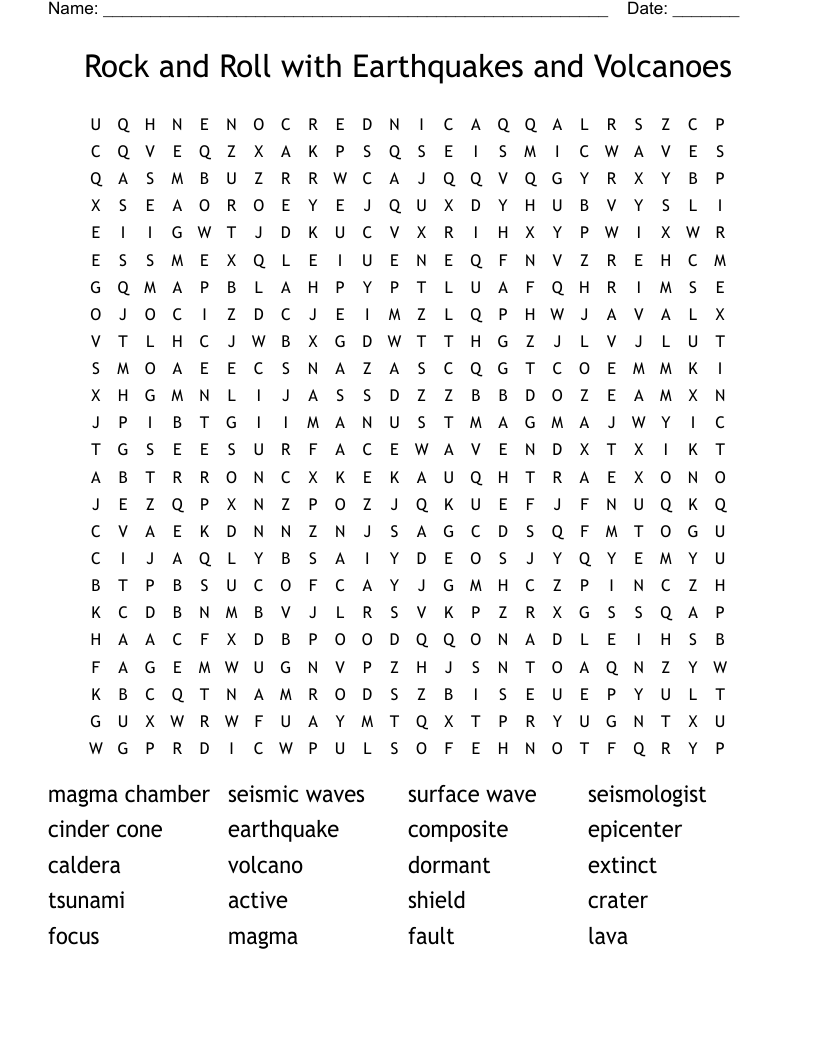 Rock and Roll with Earthquakes and Volcanoes Word Search