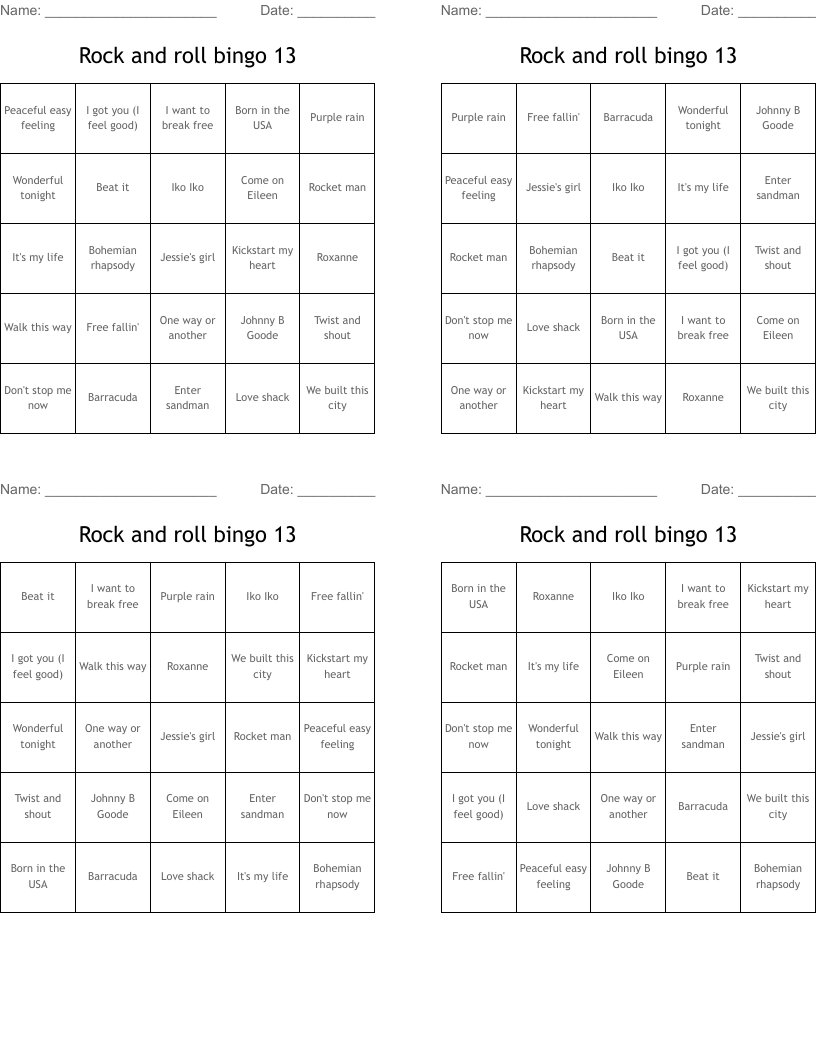 Rock and roll bingo 13