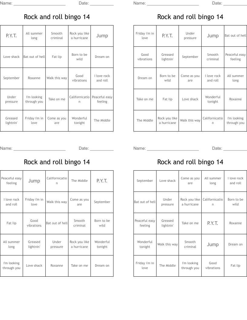 Rock and roll bingo 14