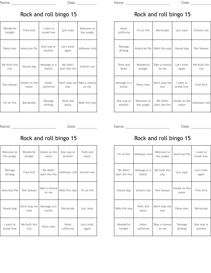 Rock and roll bingo 15