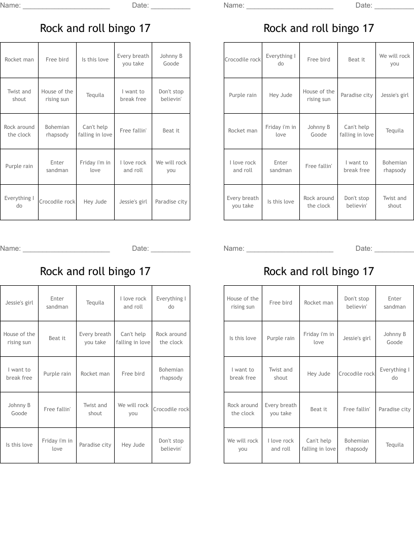 Rock and roll bingo 17