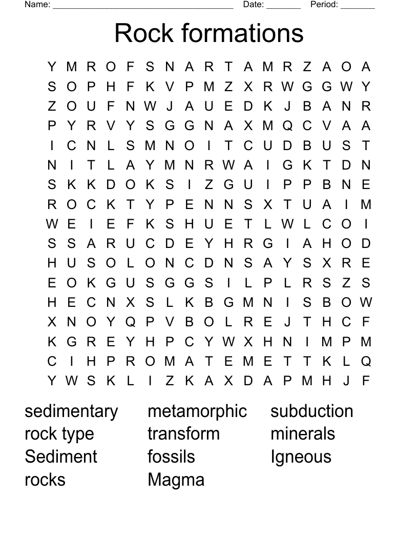 Rock formations  Word Search
