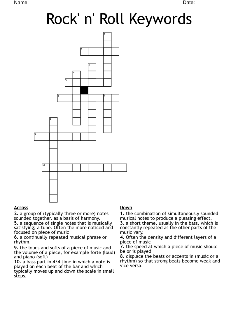 Rock' n' Roll Keywords Crossword
