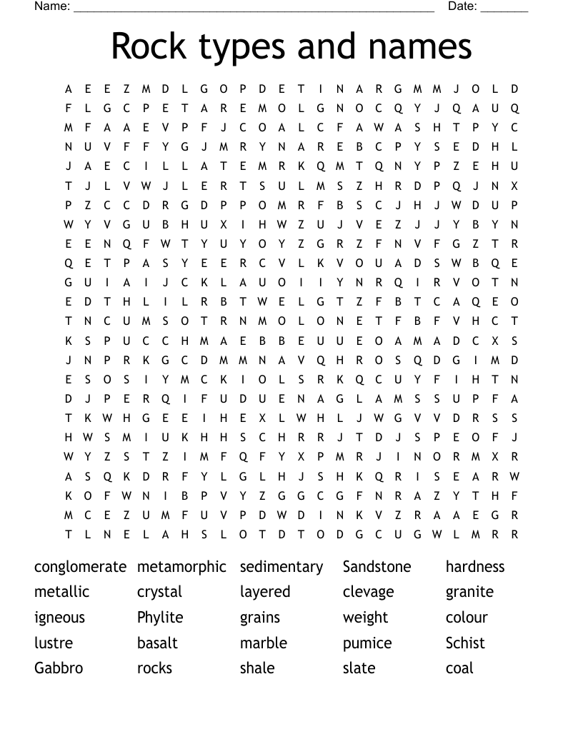 Rock types and names Word Search