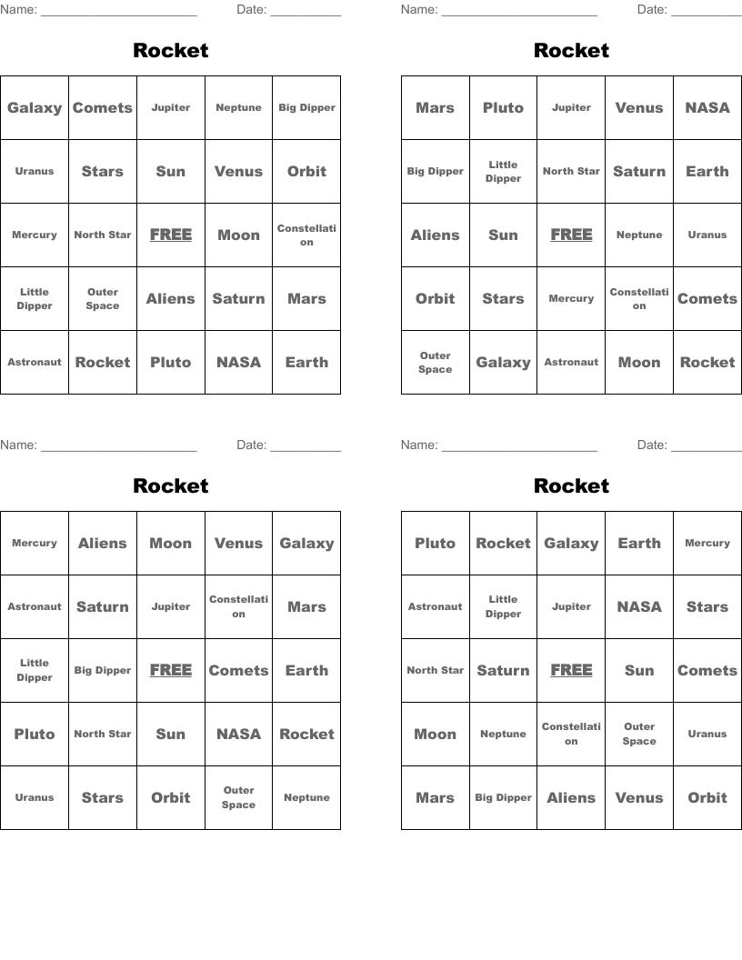 Rocket Bingo Cards