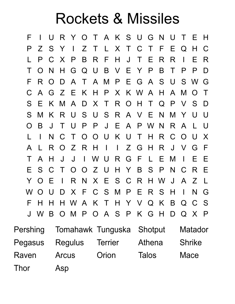Rockets & Missiles Word Search