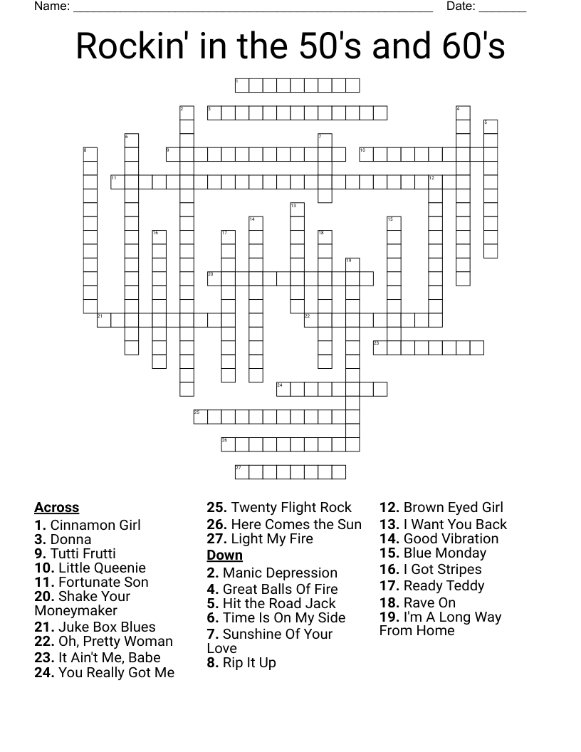 Rockin' in the 50's and 60's Crossword