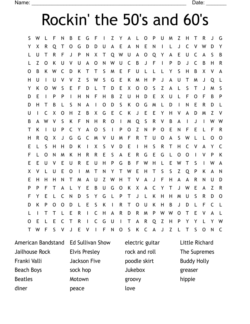 Rockin' the 50's and 60's  Word Search