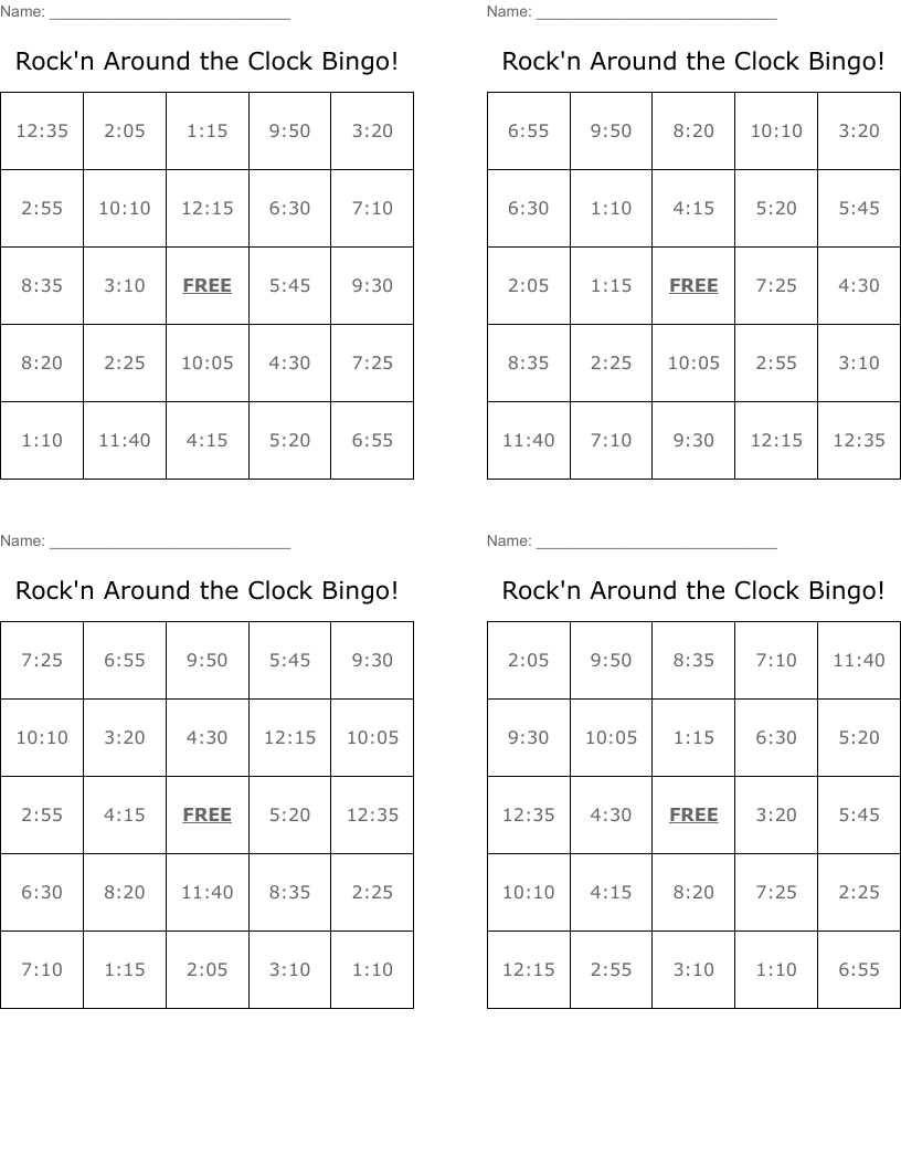 Rock'n Around the Clock Bingo!