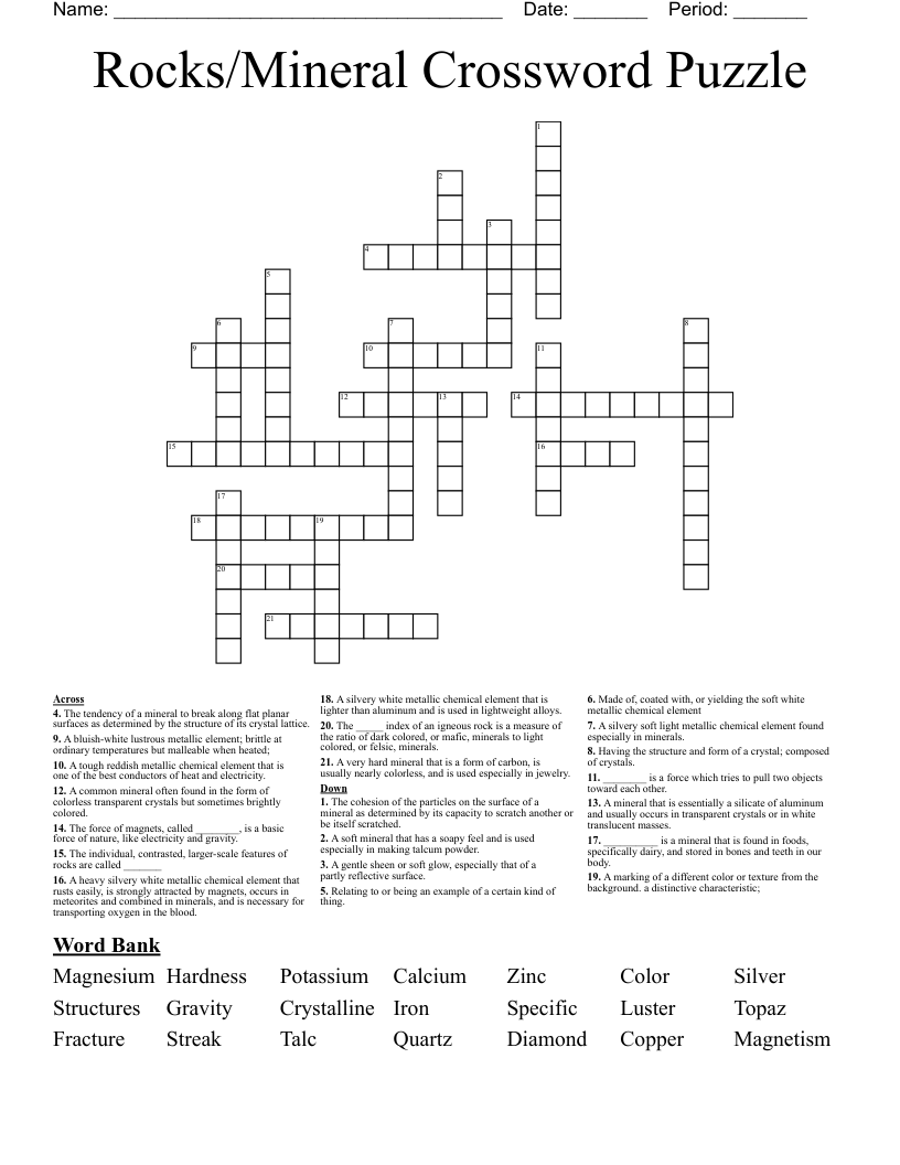 Rocks/Mineral Crossword Puzzle