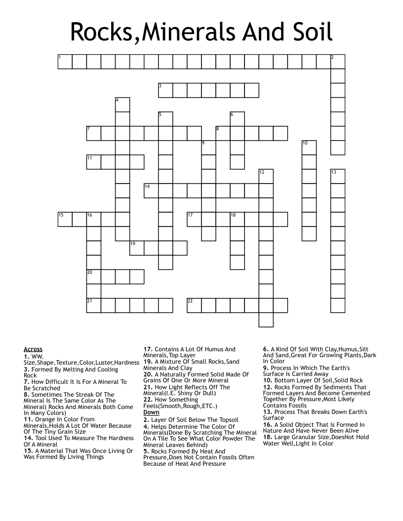 Rocks,Minerals And Soil Crossword