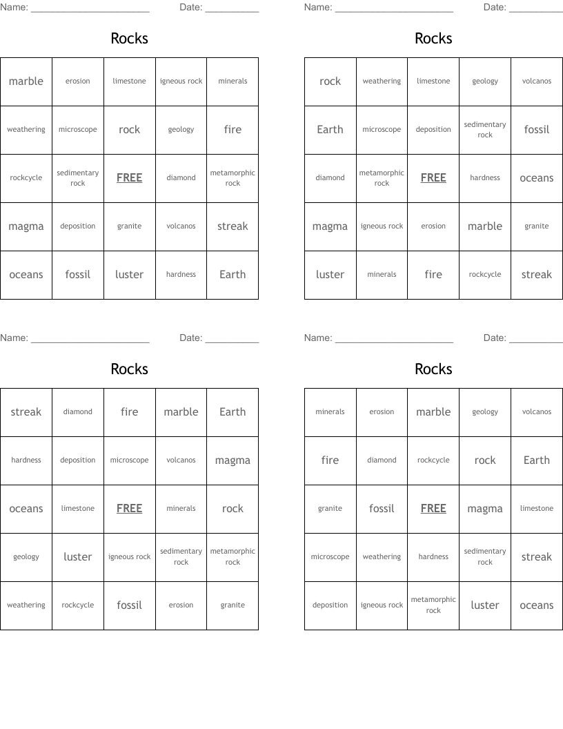 Rocks Bingo Cards