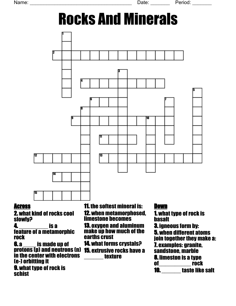 Rocks And Minerals  Crossword
