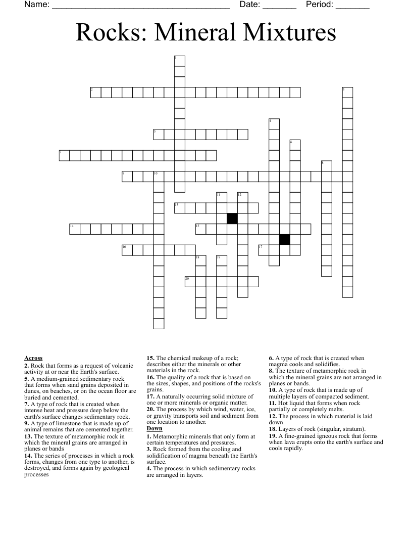 Rocks: Mineral Mixtures Crossword