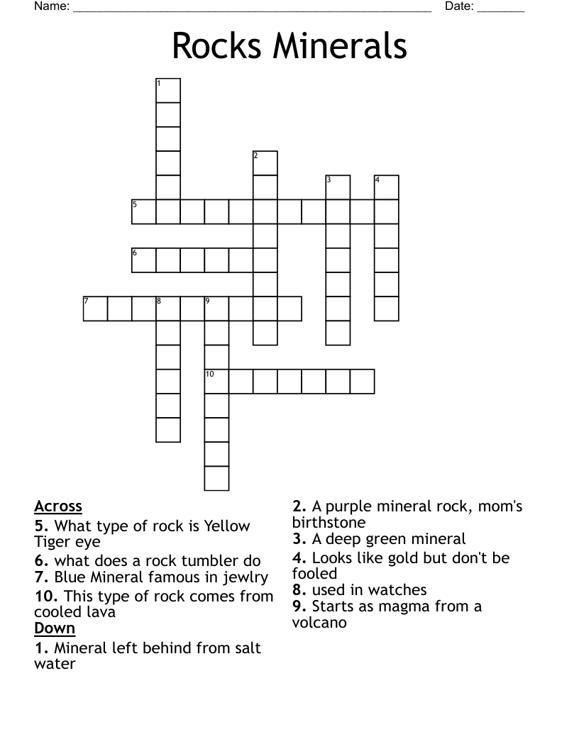 Rocks Minerals Crossword