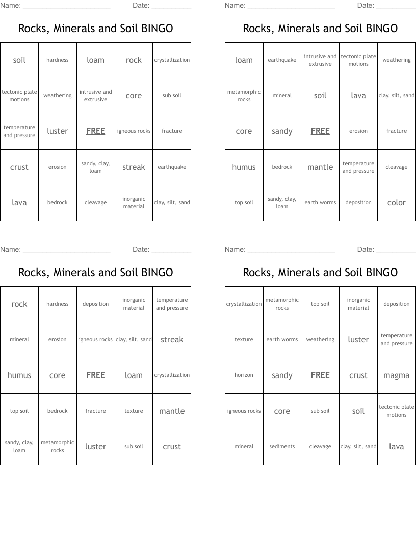 Rocks, Minerals and Soil BINGO
