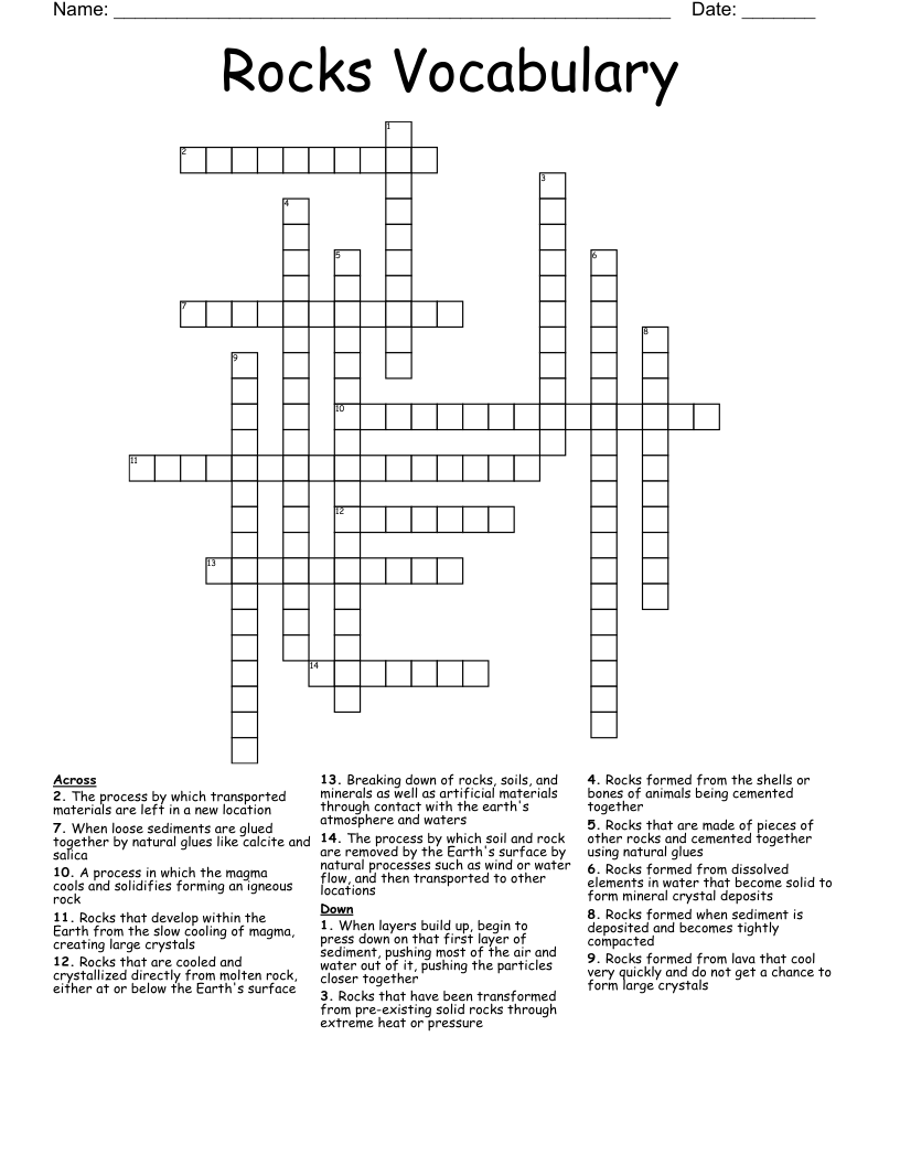 Rocks Vocabulary Crossword