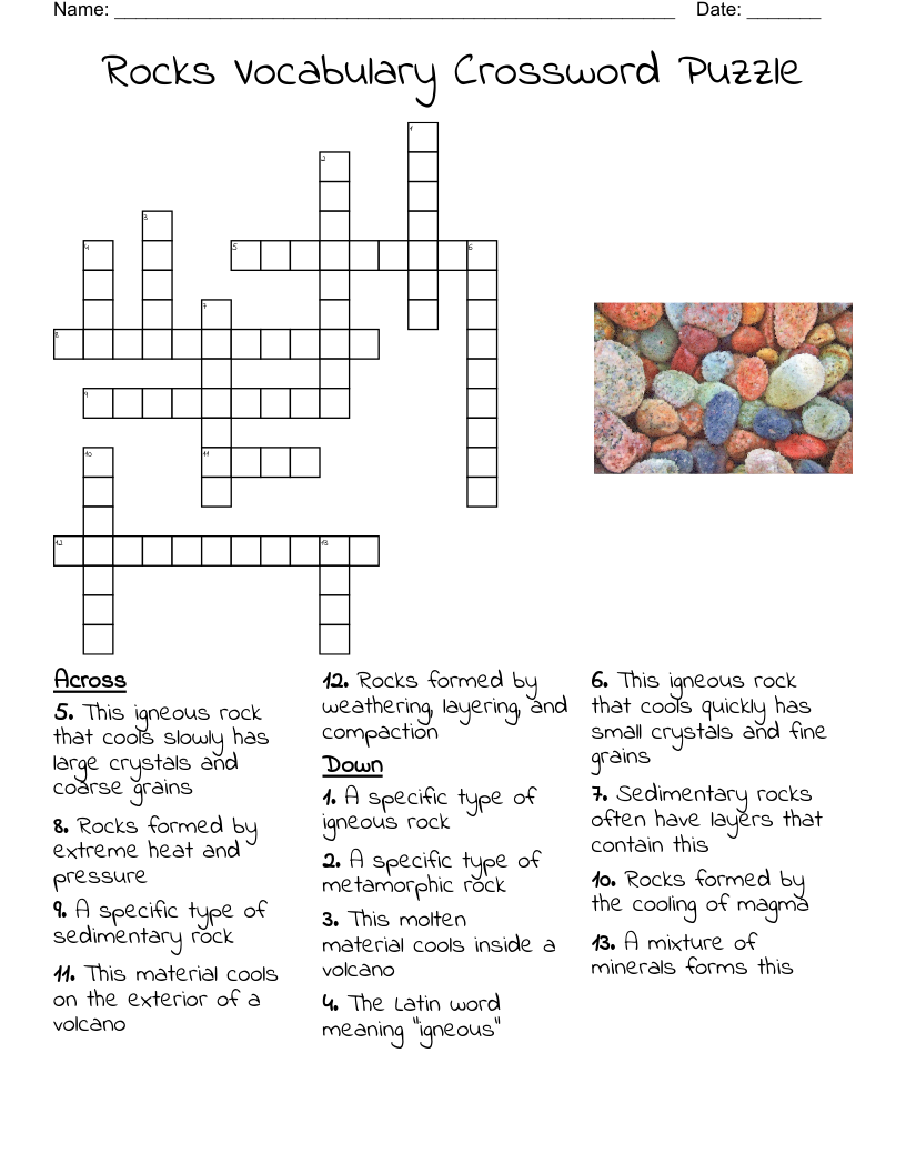 Rocks Vocabulary Crossword Puzzle 
