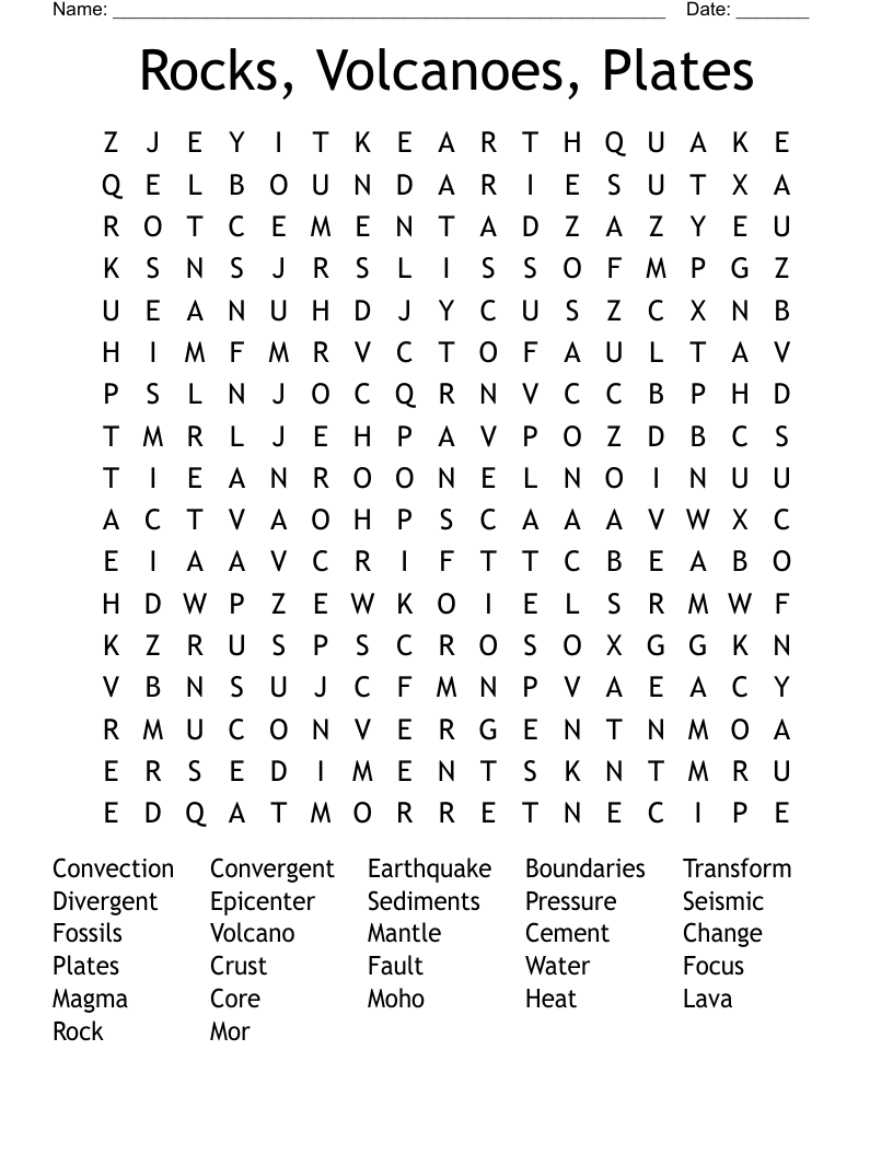 Rocks, Volcanoes, Plates Word Search