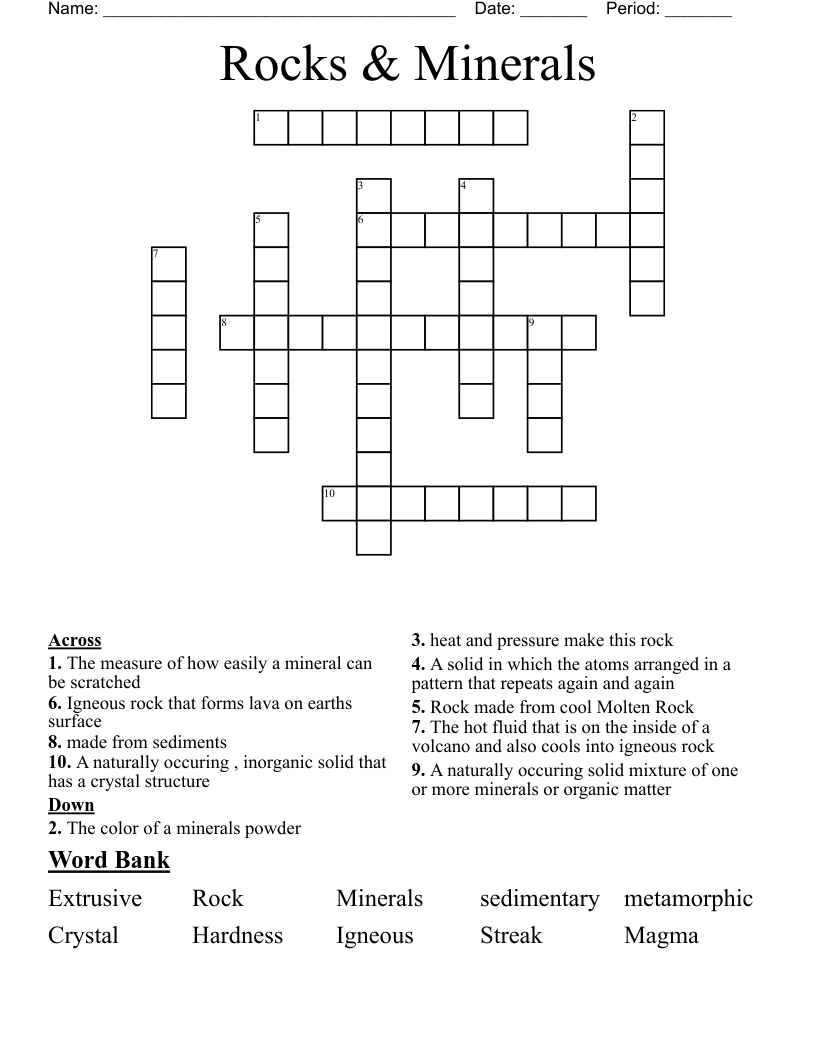 Rocks & Minerals Crossword