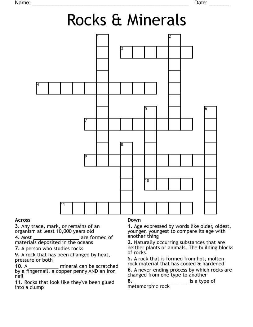 Rocks & Minerals Crossword