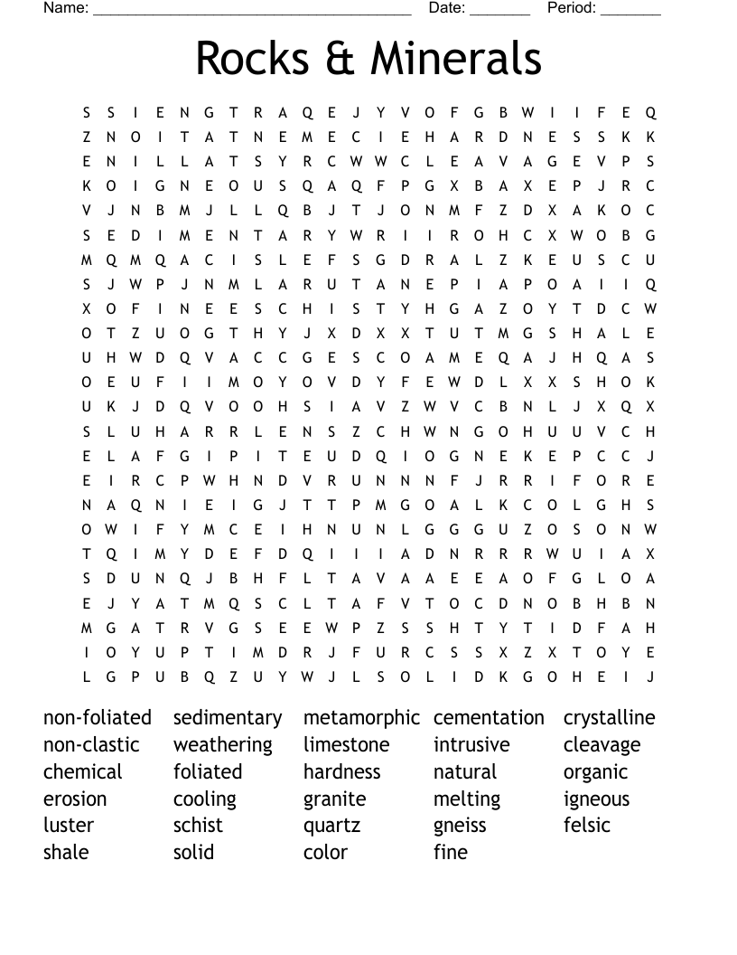 Rocks & Minerals Word Search