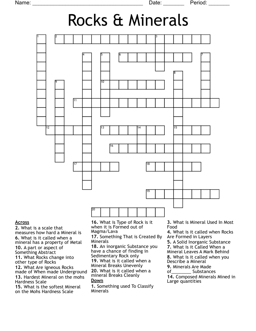 Rocks & Minerals Crossword