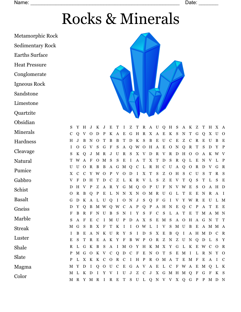 Rocks & Minerals Word Search