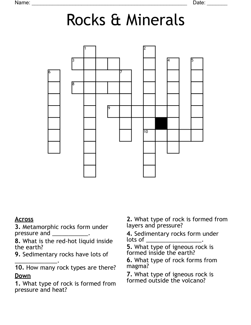 Rocks & Minerals Crossword