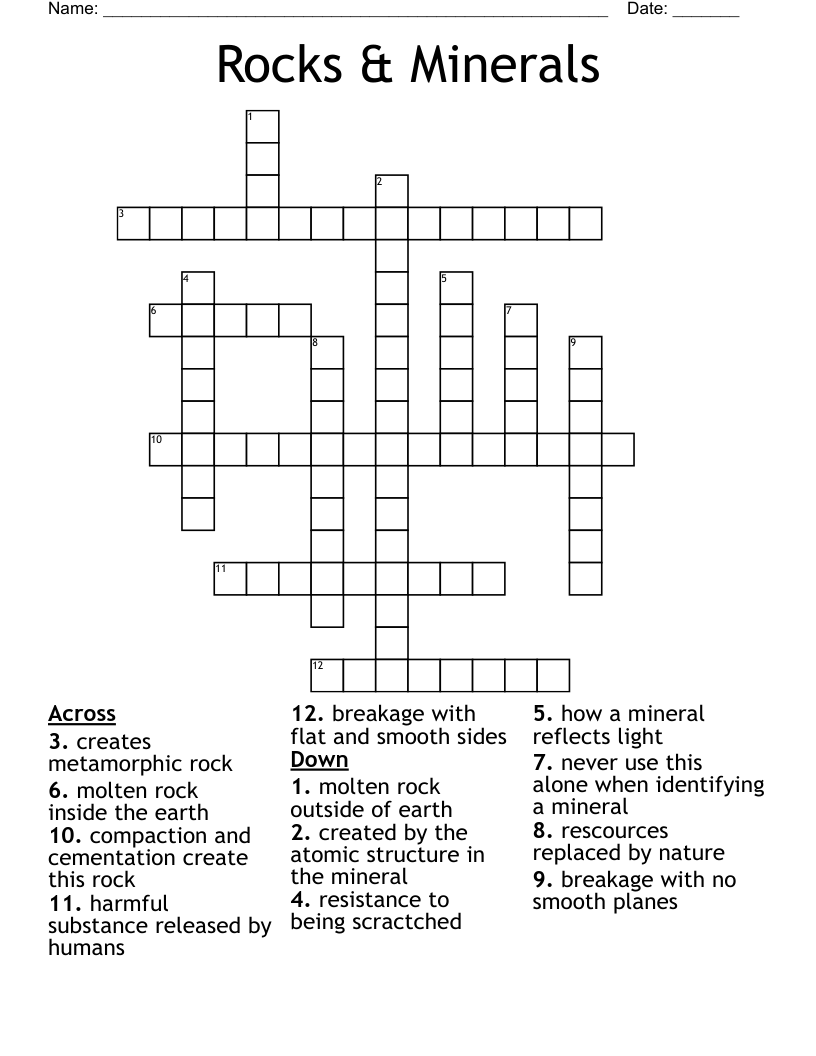 Rocks & Minerals Crossword