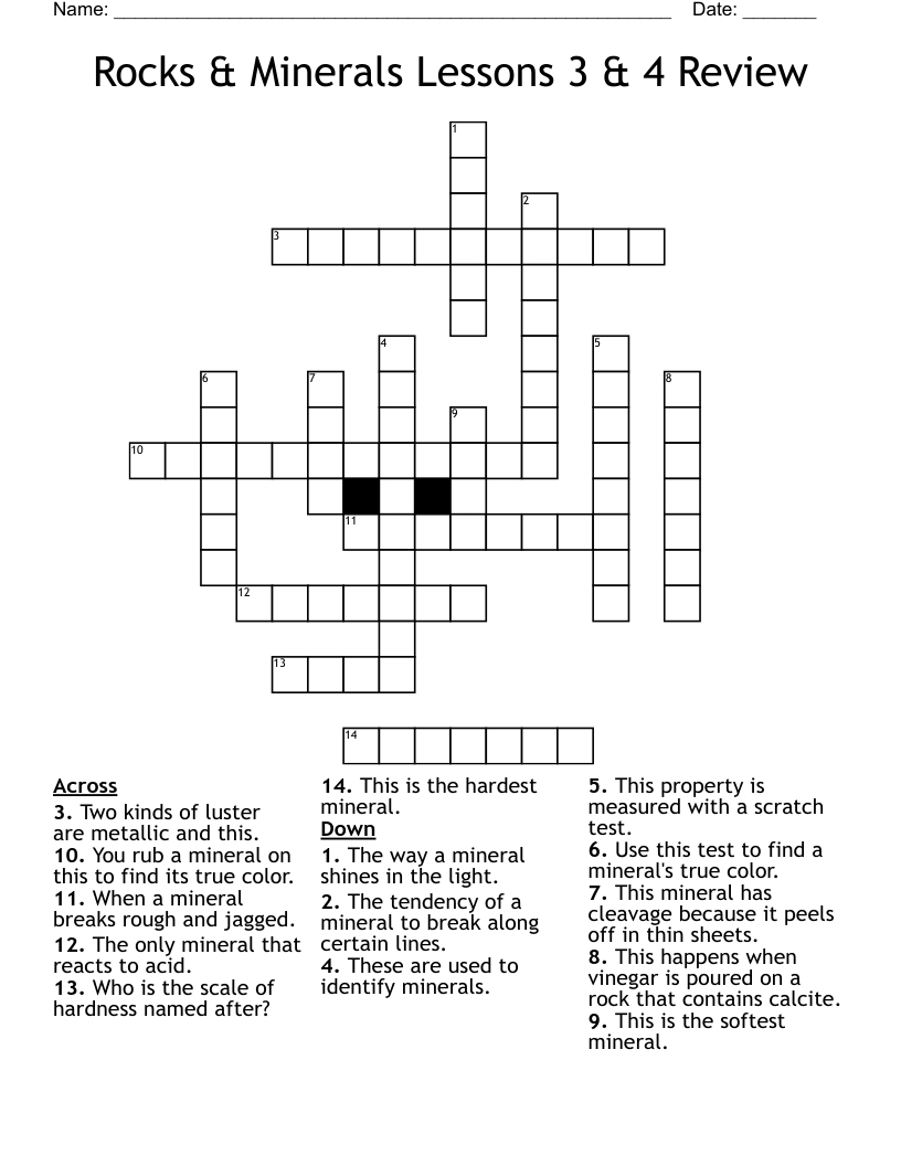 Rocks & Minerals Lessons 3 & 4 Review Crossword