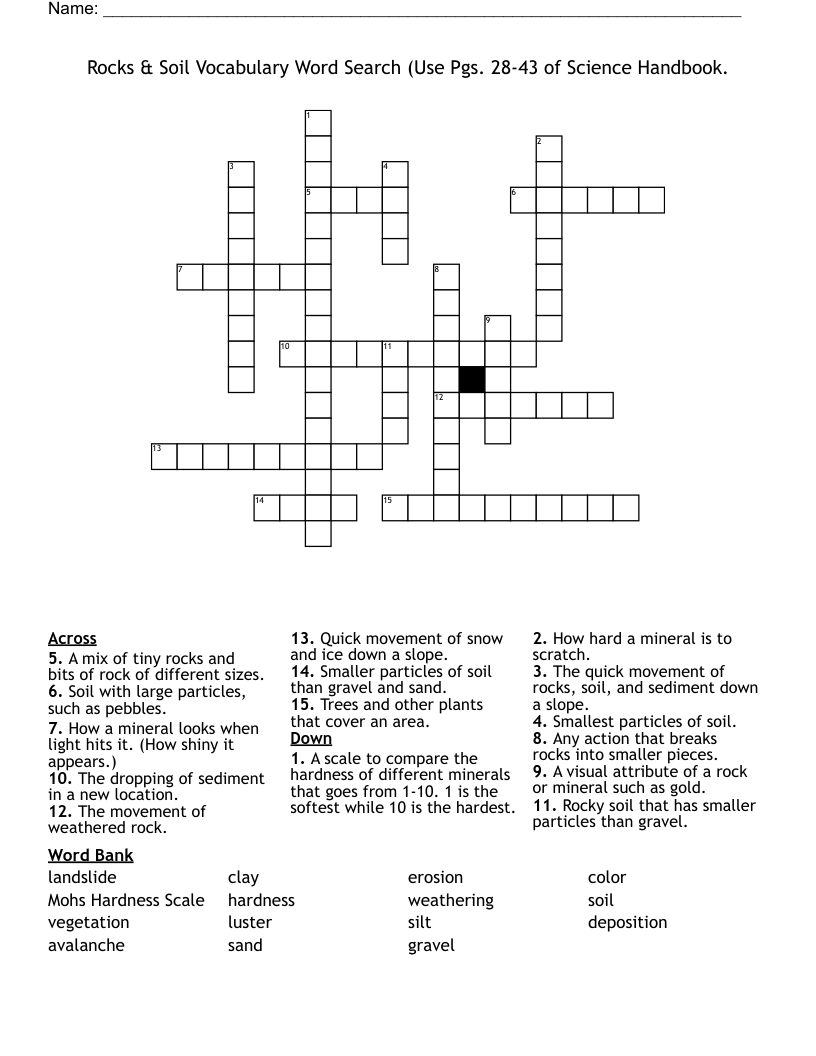 Rocks & Soil Vocabulary Word Search (Use Pgs. 28-43 of Science Handbook.  Crossword