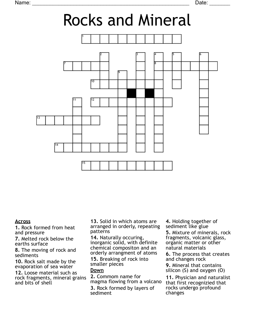 Rocks and Mineral Crossword
