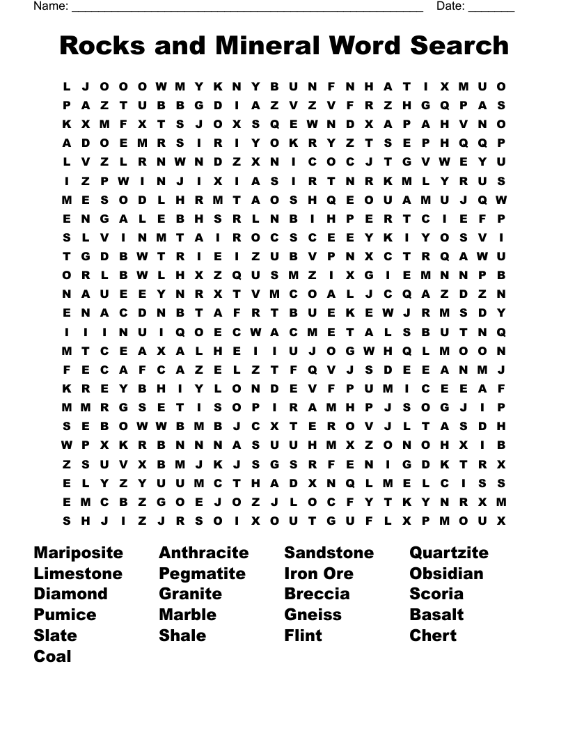 Rocks and Mineral Word Search