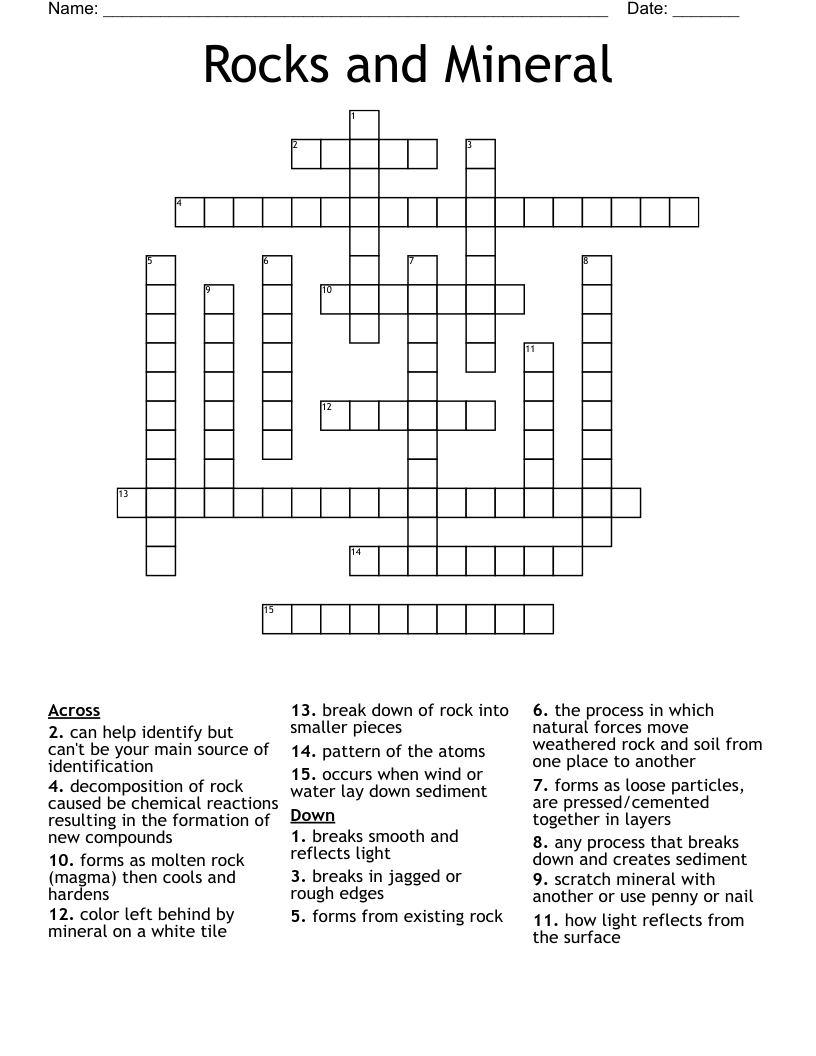 Rocks and Mineral  Crossword