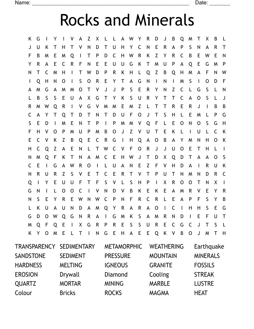 Rocks and Minerals Word Search