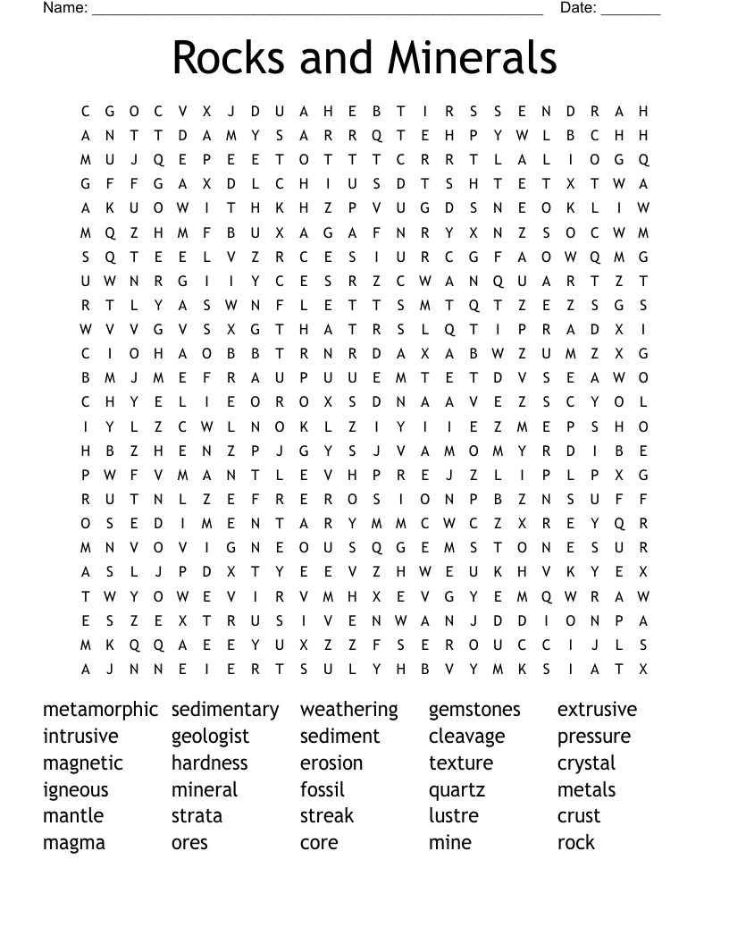 Rocks and Minerals Word Search