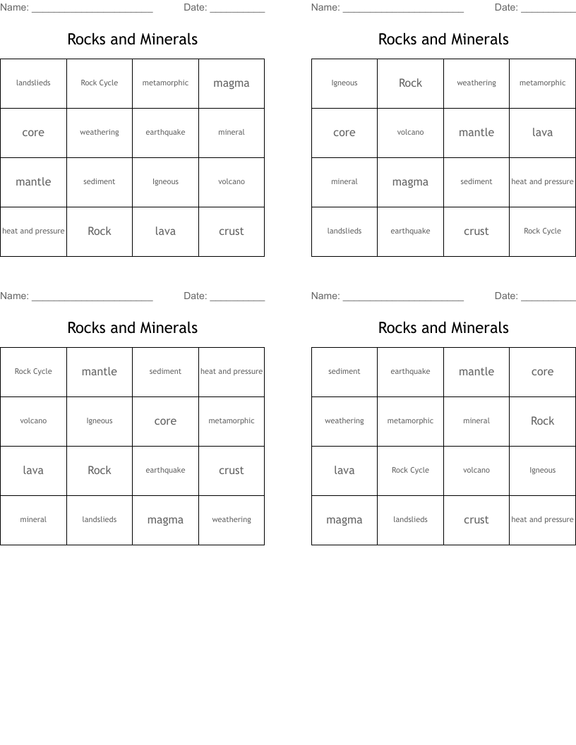 Rocks and Minerals Bingo Cards