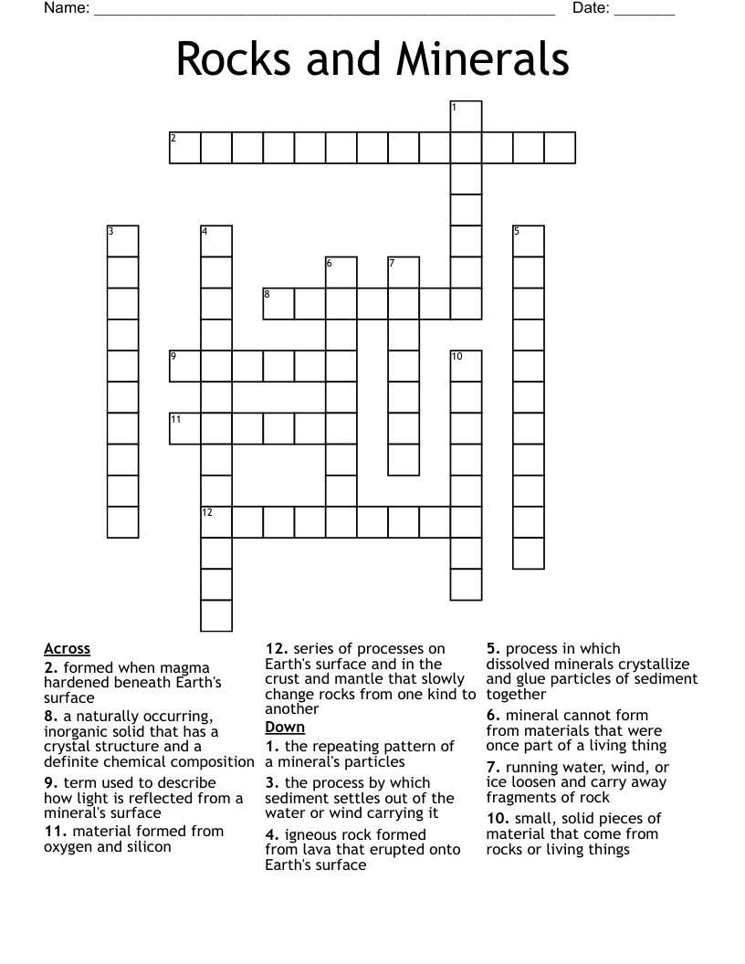 Rocks and Minerals Crossword
