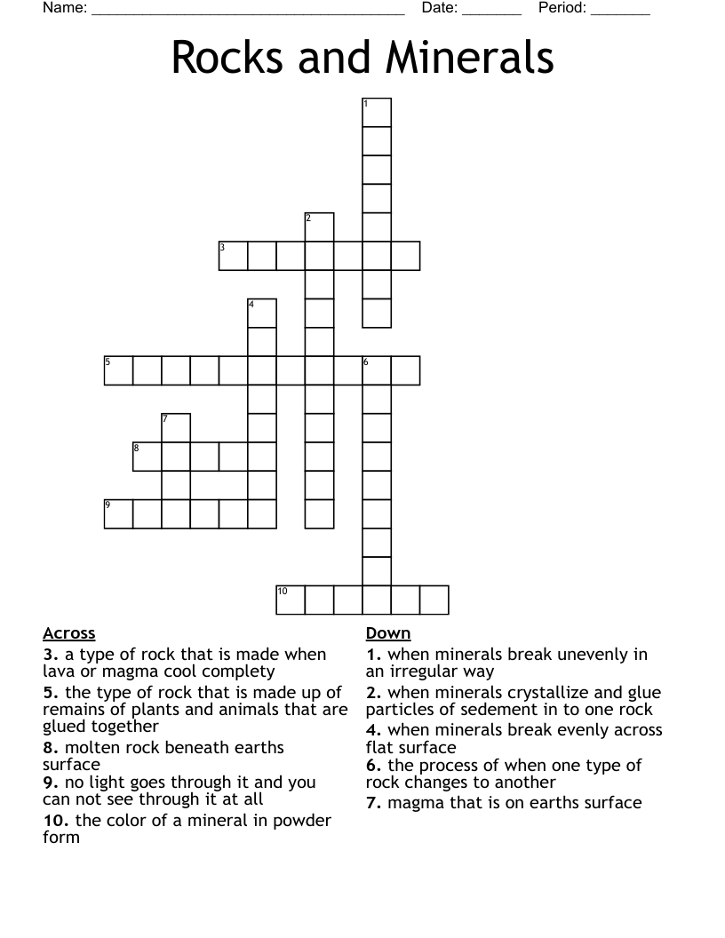 Rocks and Minerals Crossword