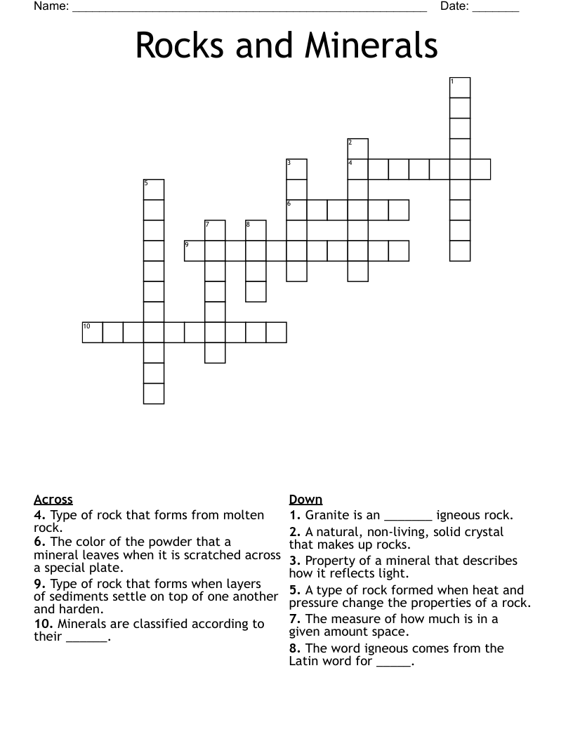Rocks and Minerals Crossword