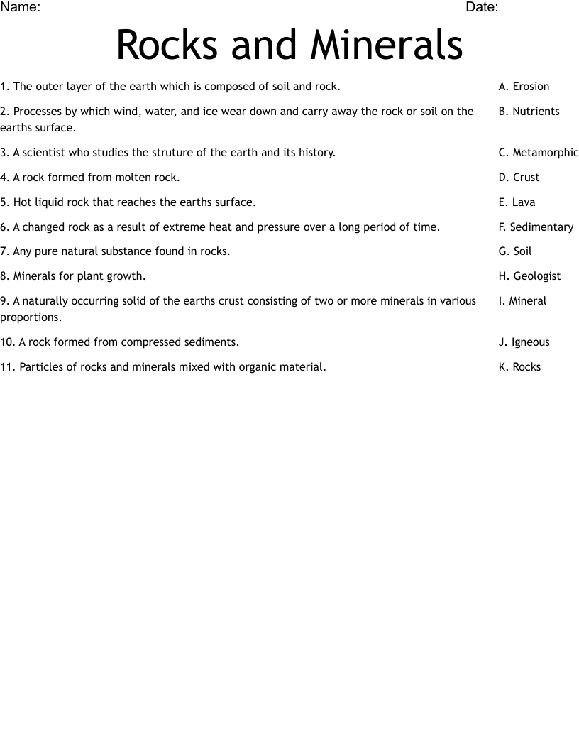 Rocks and Minerals Worksheet