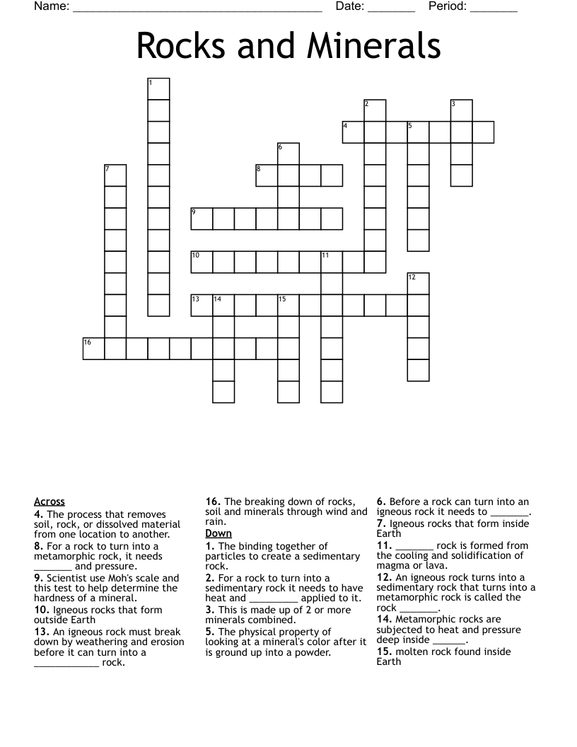 Rocks and Minerals Crossword