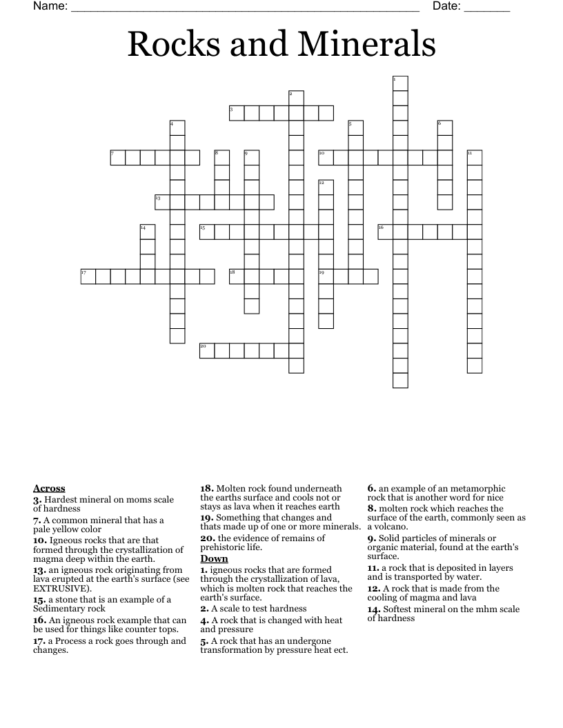 Rocks and Minerals Crossword