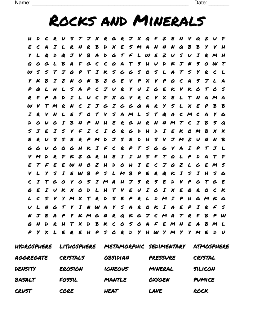 Rocks and Minerals Word Search