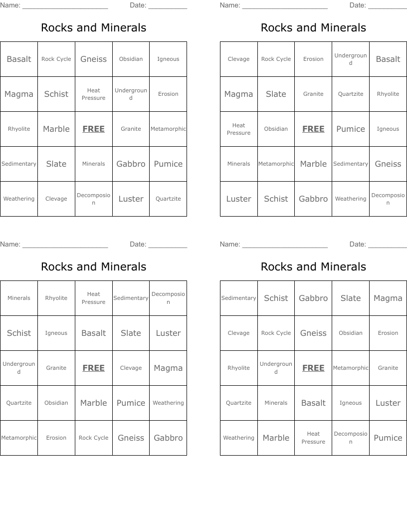 Rocks and Minerals Bingo Cards